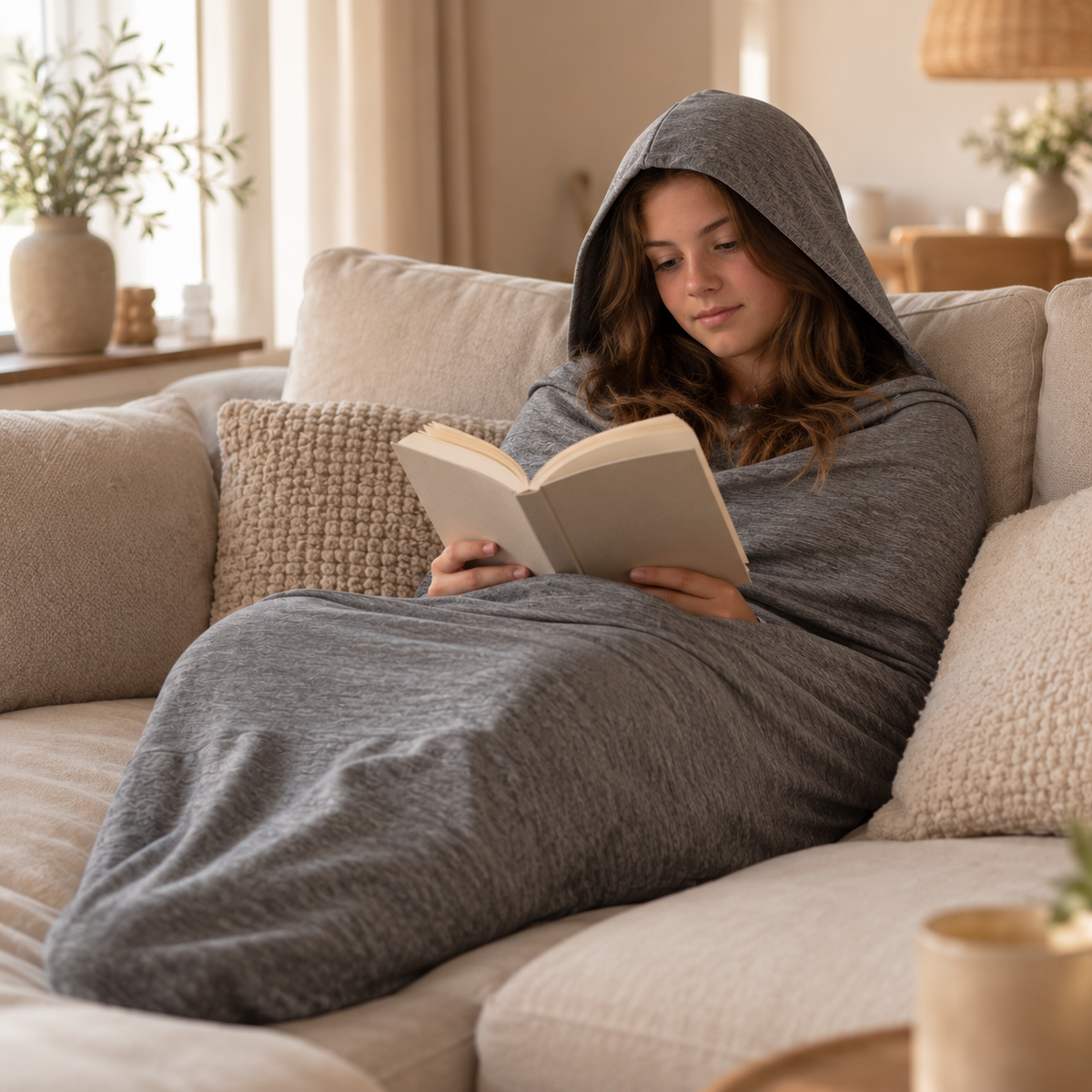 Vrouw leest een boek in de BeeHug cocon op de bank