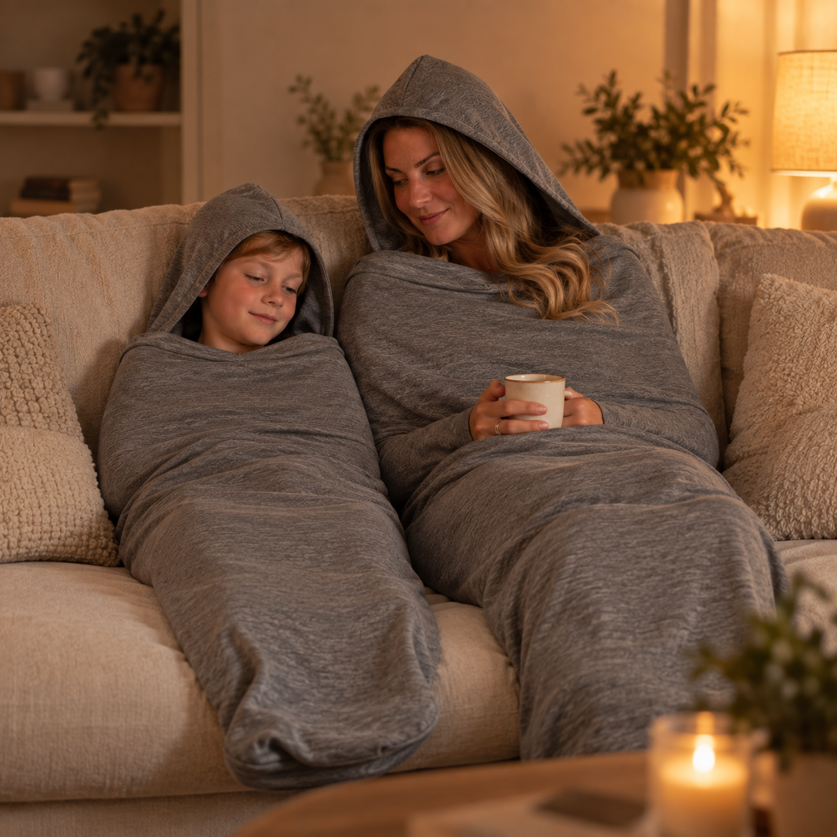 Moeder en kind samen in een BeeHug cocon op de bank